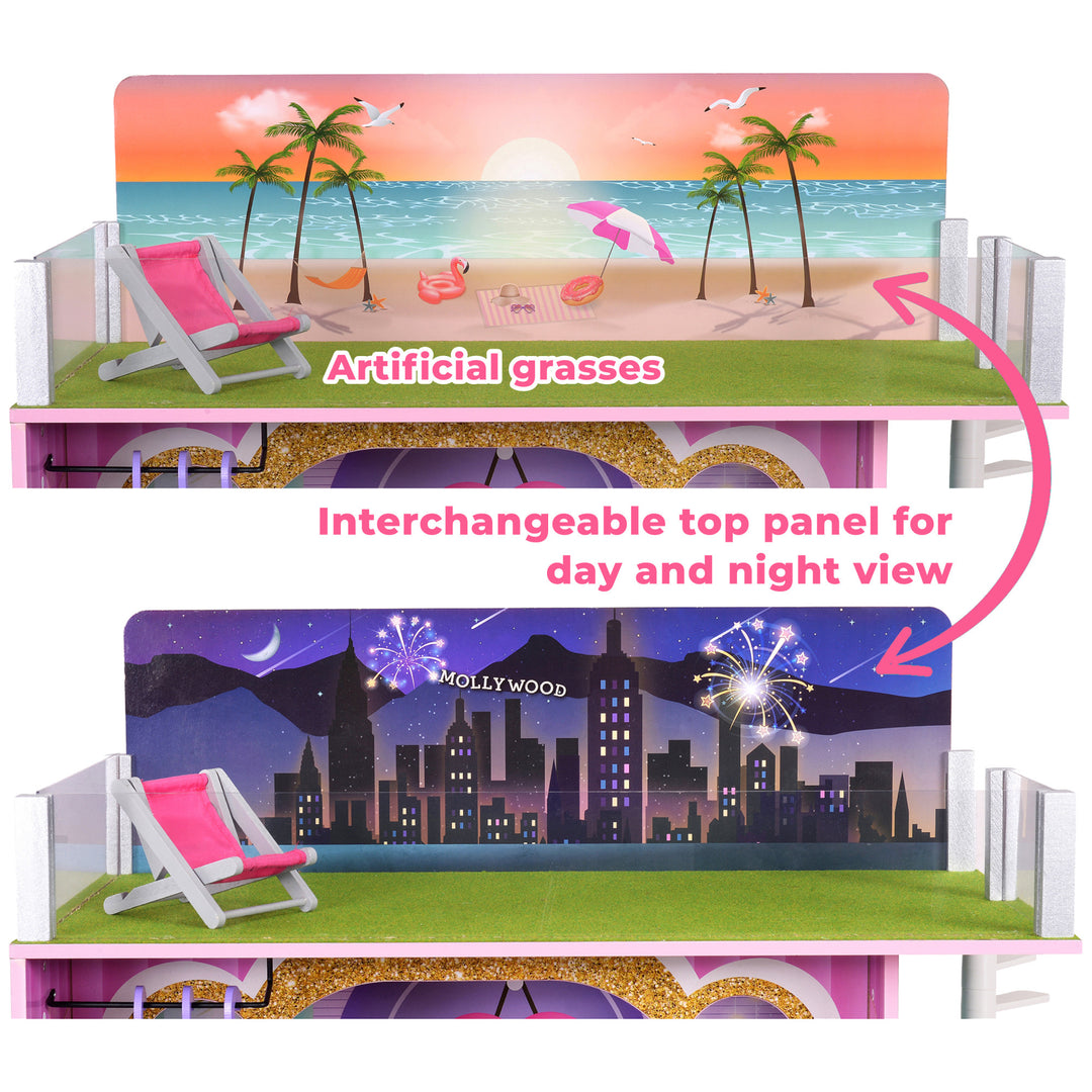 Balcony with both panels, on top the day view with the caption "artificial grass" and the bottom view, the night view with  caption "interchangeable top panel for day and night view"