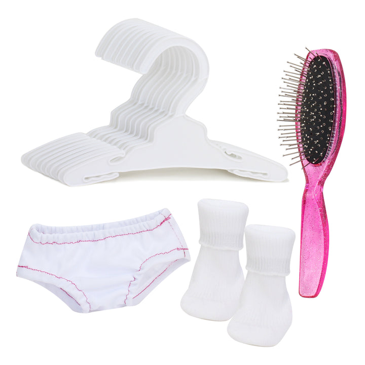 A set of Sophia's doll accessories for kids, including clothes hangers, a pink hair brush, a pair of white socks, and a pair of white panties designed specifically for 18-inch dolls.