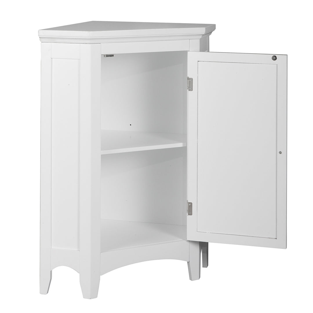 White Glancy Corner Floor Cabinet with Louvered Door, Chrome Knobwith an open door revealing an internal shelf