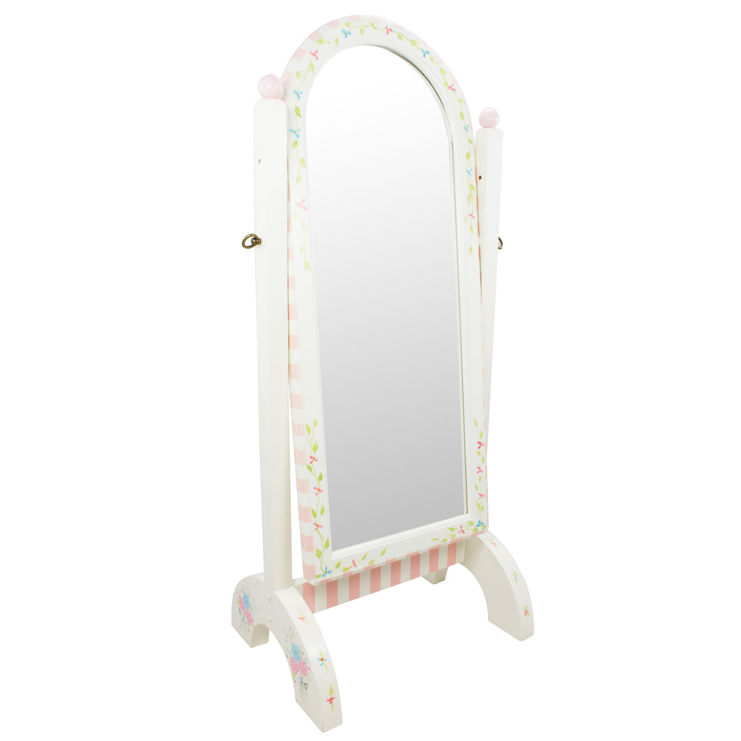 Fantasy Fields Toy Furniture Hand-Carved Adjustable Bouquet Standing Mirror with Painted Flower Details, Pink Stripes, & Kid-Safe Glass, White