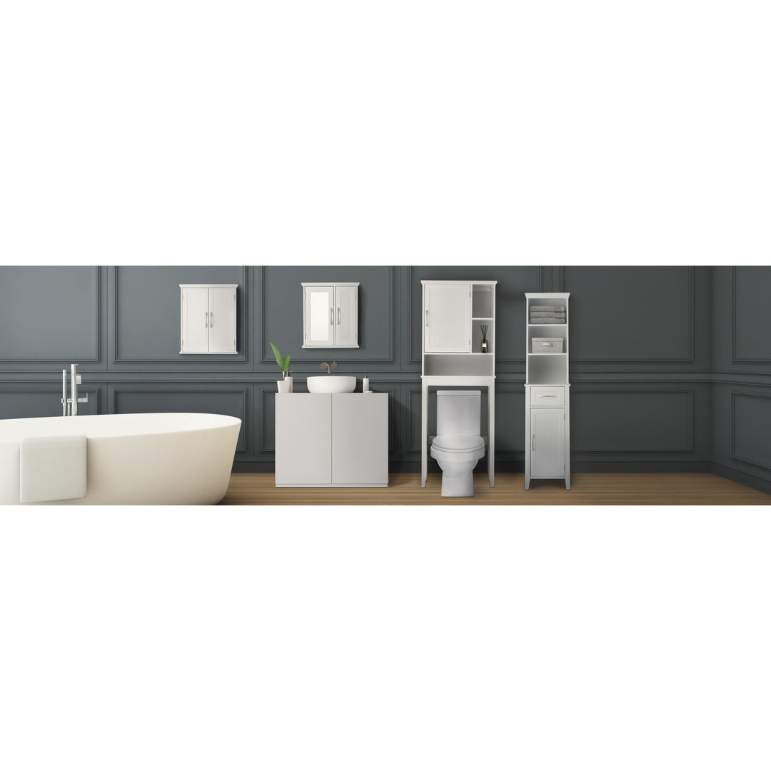 A Teamson Home Newport Contemporary Wooden Linen Tower Storage Cabinet with Open Shelves, White with dimensions labeled. in a modern styled bathroom