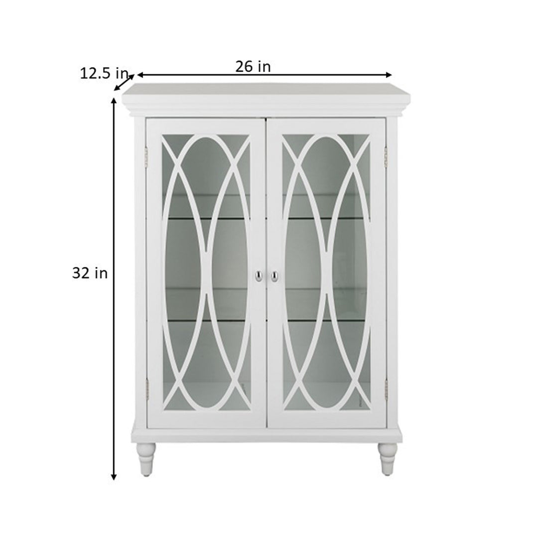Dimensions in inches of a White Teamson Home Florence Floor Cabinet with lattice designed glass panel doors