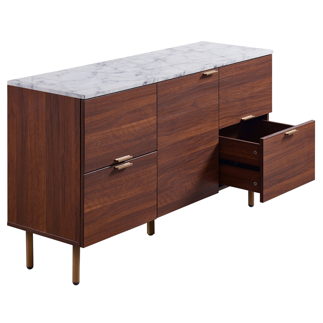 Teamson Home Ashton Wooden Sideboard Storage Cabinet with Faux Marble Top, White/Walnut