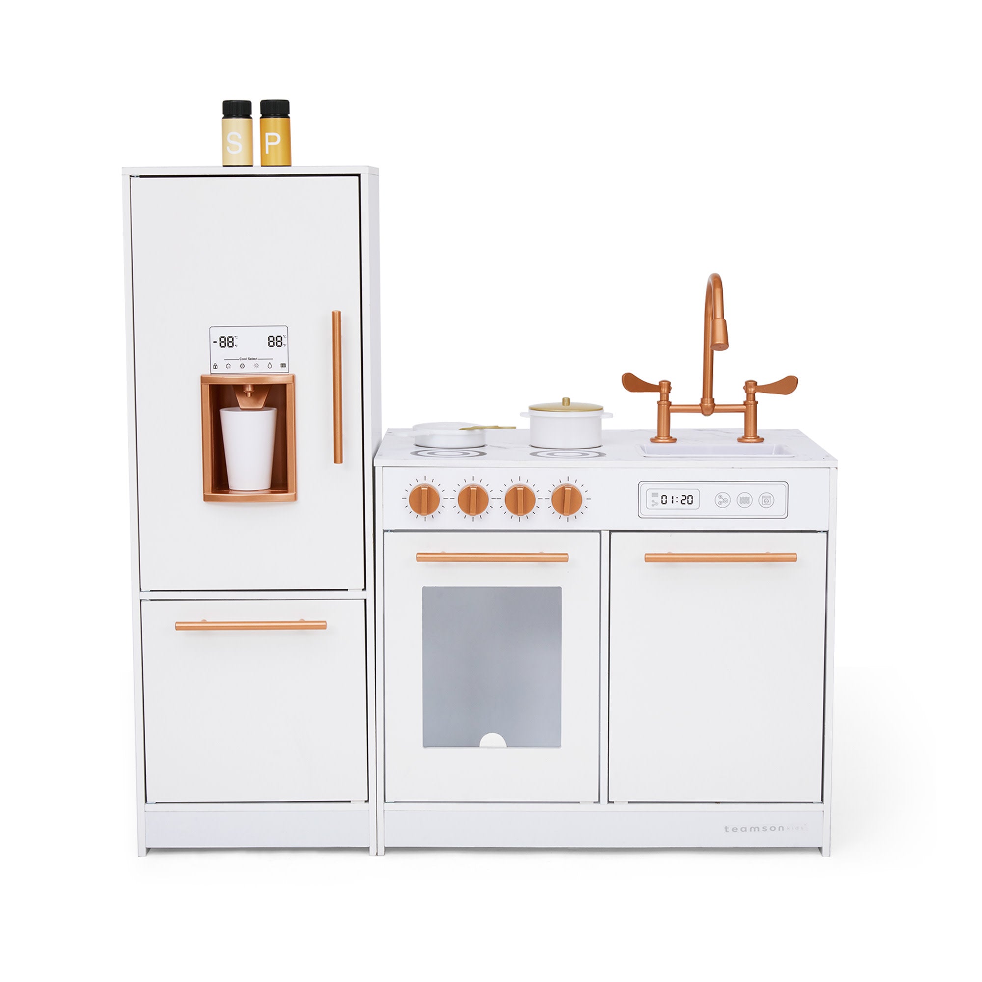 Little Chef Milano Two-Piece Modular Modern Delight Play Kitchen with Cooking Accessories, Faux Marble Finish, & Rose Gold Hardware, White