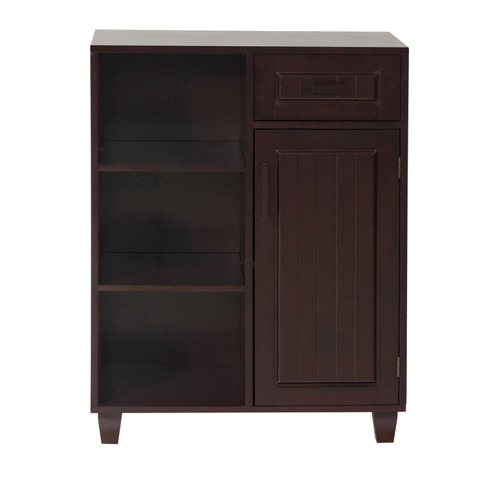 A dark espresso color Teamson Home Catalina Single Door Free Standing Cabinet with Open Shelves and Drawer.