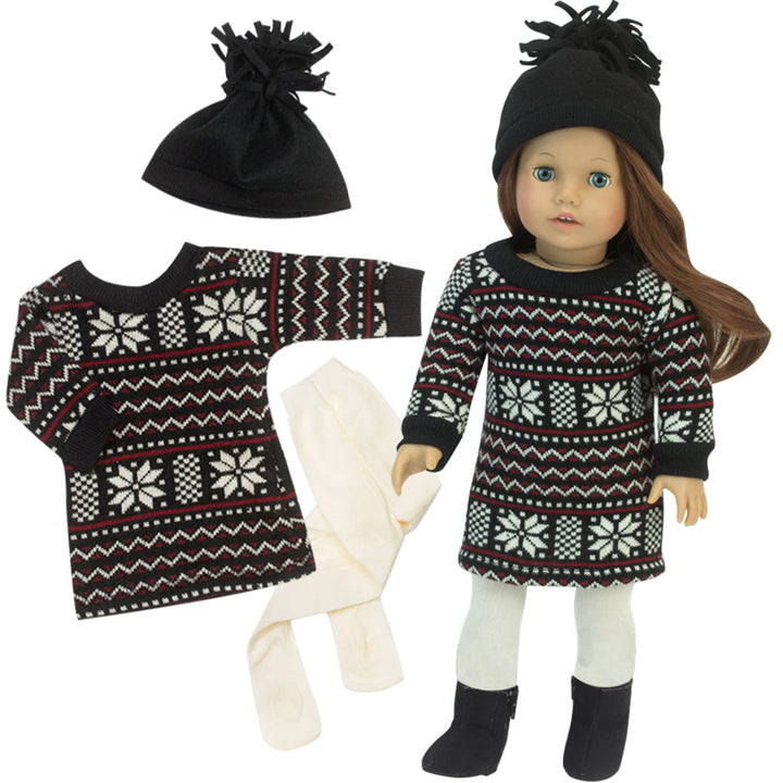 Sophia’s Long-Sleeved Knit Fair Isle Pattern Dress, Hat with Pom-Pom, & Tights Complete Outfit Set for 18” Dolls, Black/White