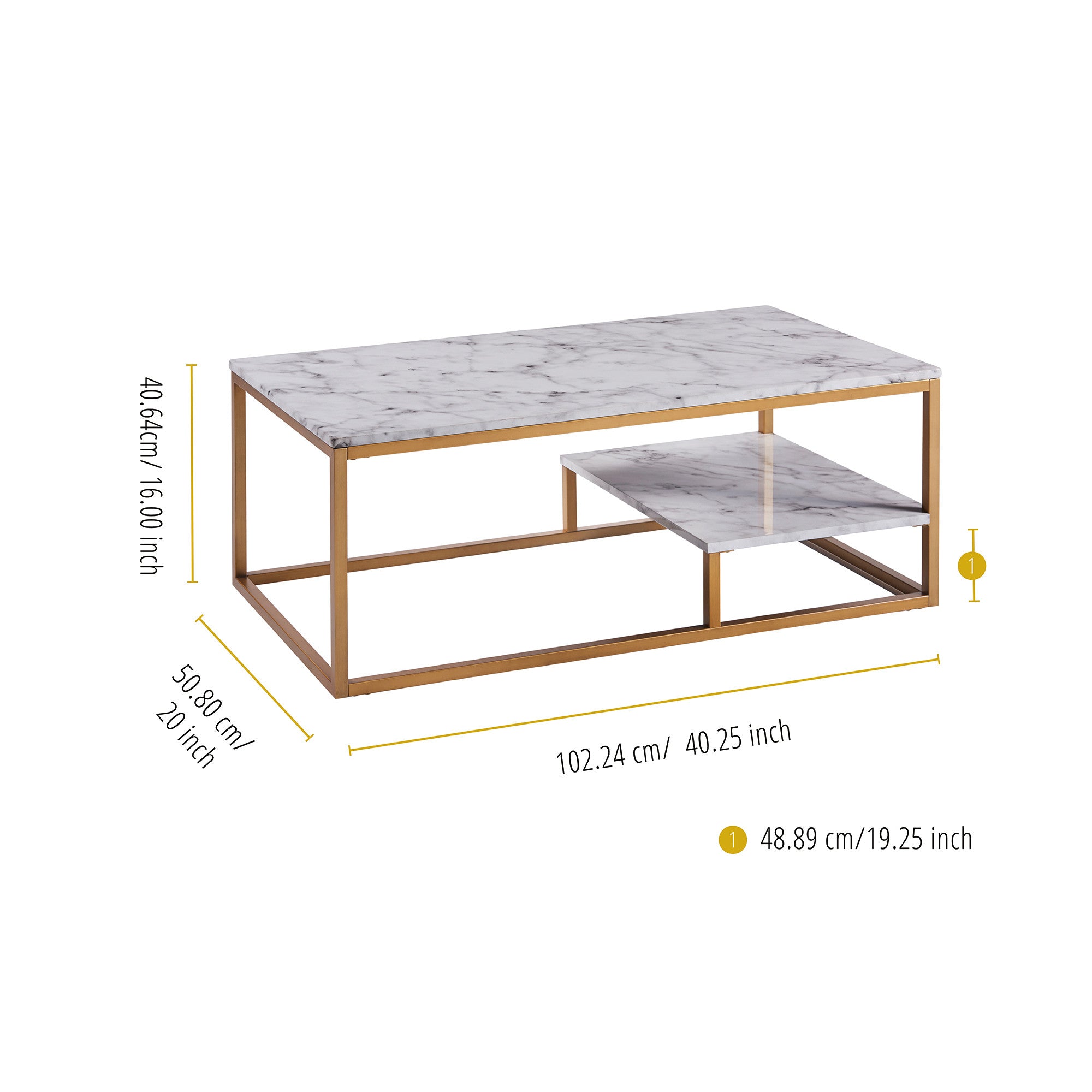 Teamson Home Marmo Modern Marble-Look Coffee Table with Shelf, Marble/Brass