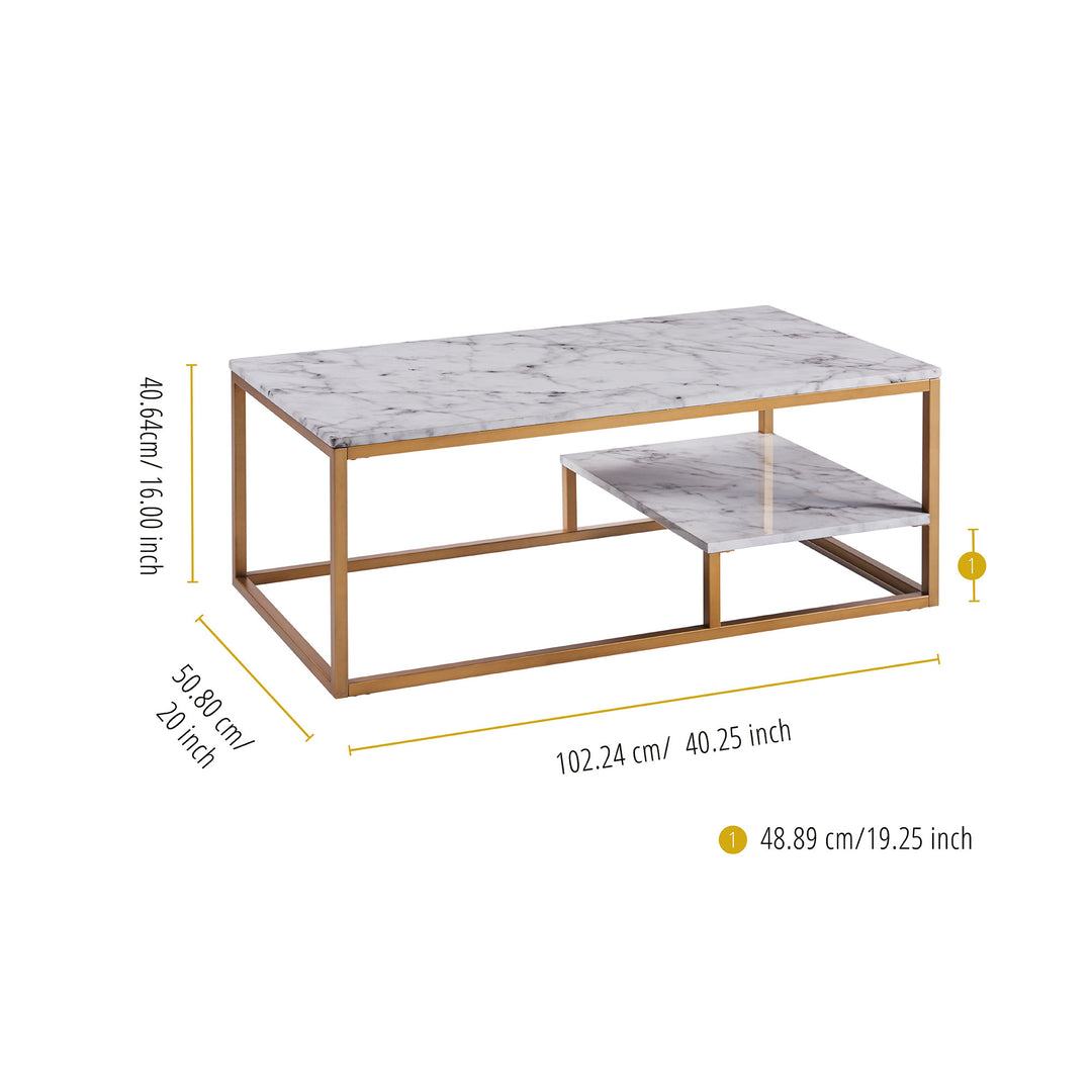 Dimensions in inches and centimeters of the Teamson Home's Marmo Modern Faux Marble and Gold table.