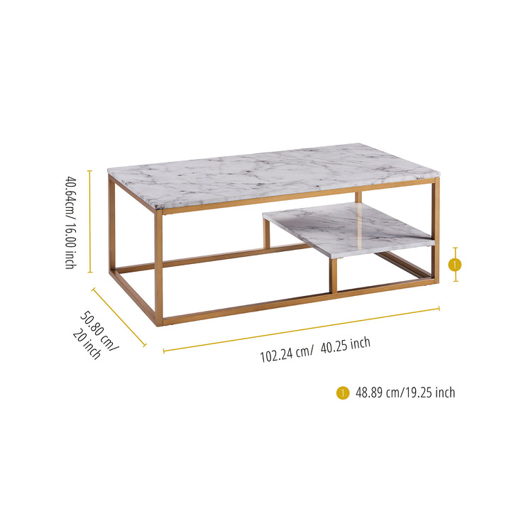 Dimensions in inches and centimeters of the Teamson Home's Marmo Modern Faux Marble and Gold table.