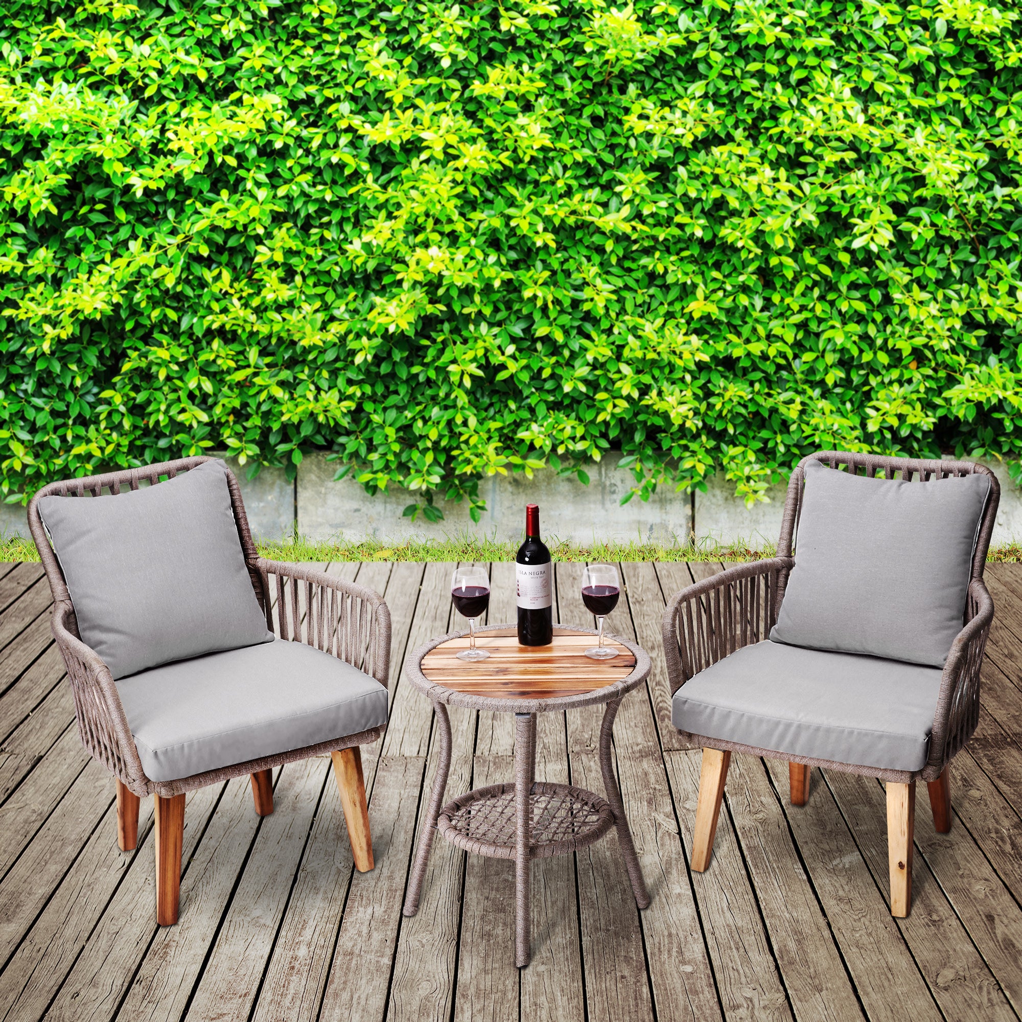 Teamson Home Indoor/Outdoor 3 Piece Wicker Bistro Patio Set with Table, Chairs and Cushions Set