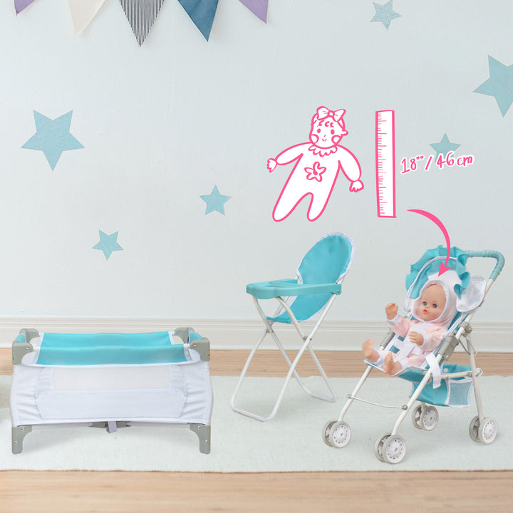 An infographic referencing that dolls up to 18" tall fit inside the 3-in-1 Baby Doll Nursery Set, Blue/White featuring a high chair, a stroller, and a crib.