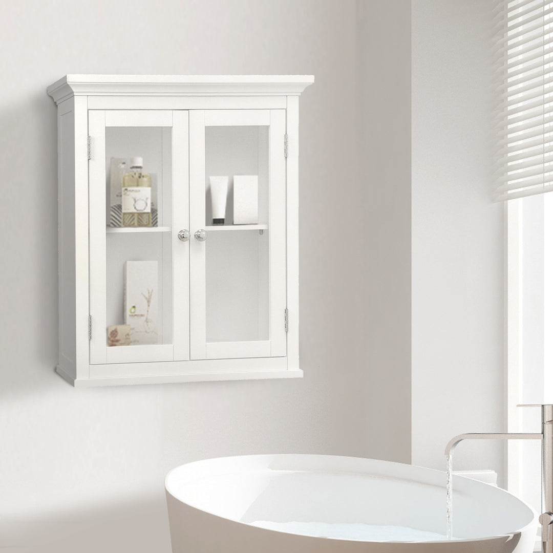 Teamson Home White Madison Removable Wall Cabinet with 2 Doors with toiletries inside, visible through the glass panels