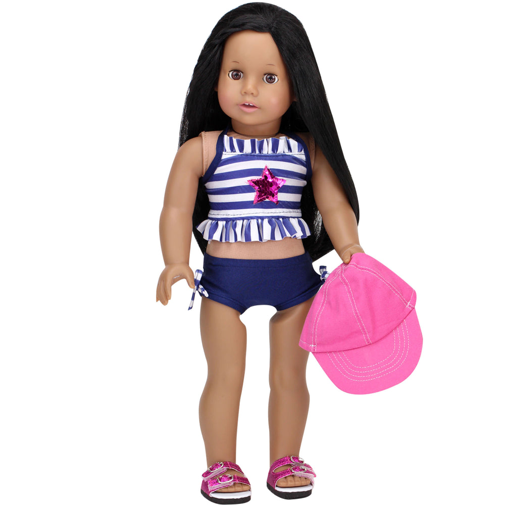 Sophia’s Striped Two-Piece Halter Swimsuit with Hot Pink Sequin Star Applique & Baseball Cap for 18” Dolls, Navy/Pink