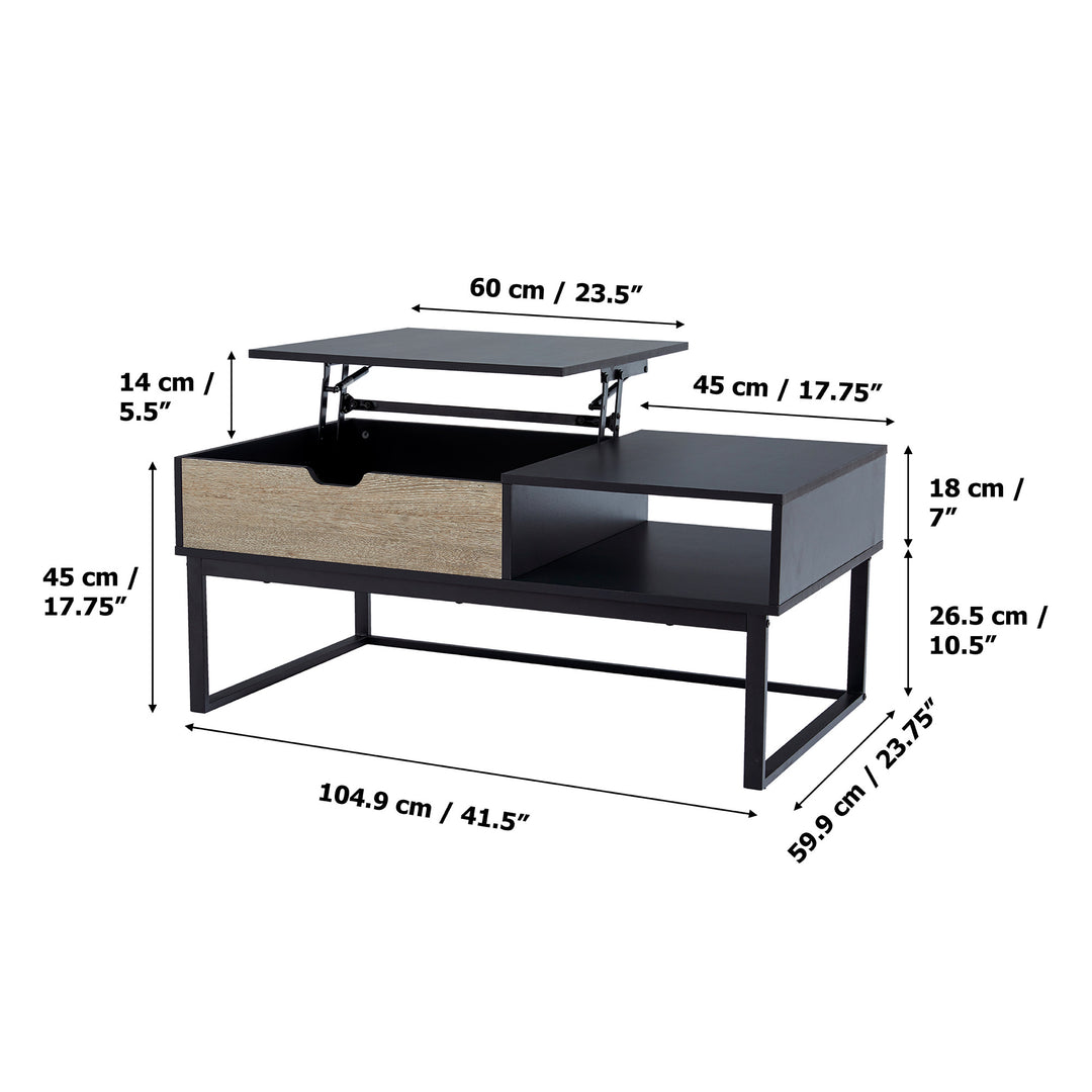 The measurements of a Teamson Home Bryson Two-Tone Lift Top Coffee Table Desk in inches and centimeters.
