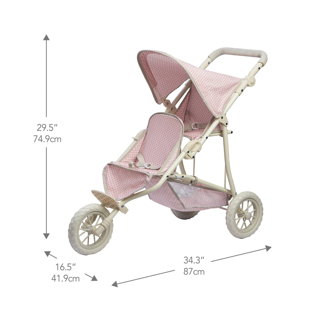 Dimensions in inches and centimeters of the Olivia's Little World Polka Dots Princess Double Jogging Stroller for Dolls, Pink