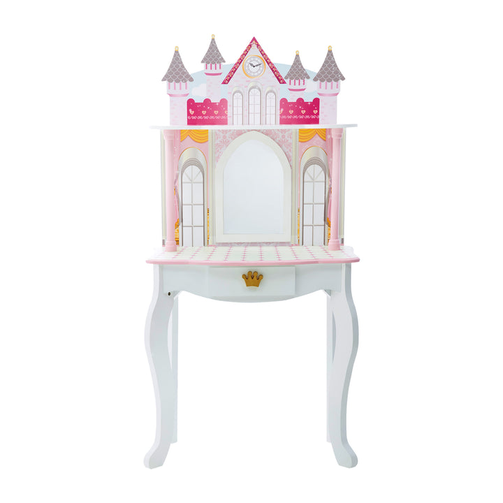 A pink and white Fantasy Fields Kids Dreamland Castle Vanity Set with Chair and Accessories, White/Pink princess vanity table with a mirror.