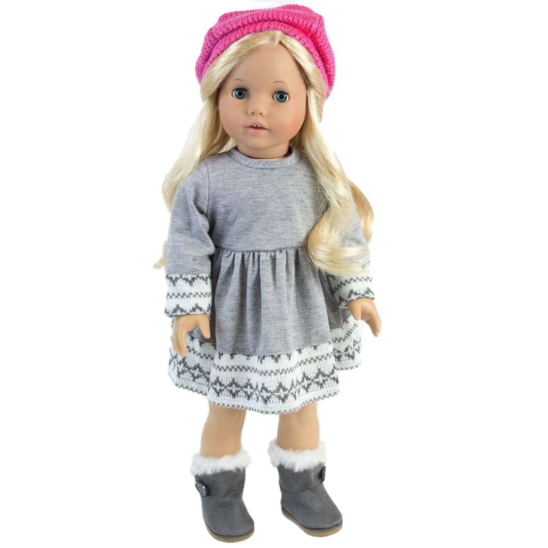 A Sophia's doll wearing A pink beret,  gray dress, and  gray boots