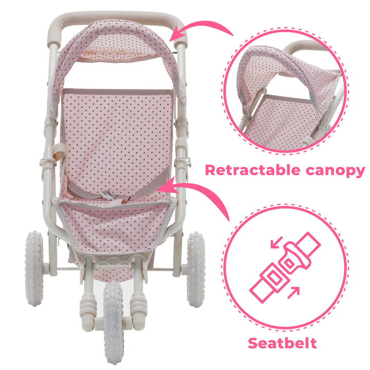 A photo of the baby doll stroller with callouts featuring the Retractable Canopy and Seatbelt.