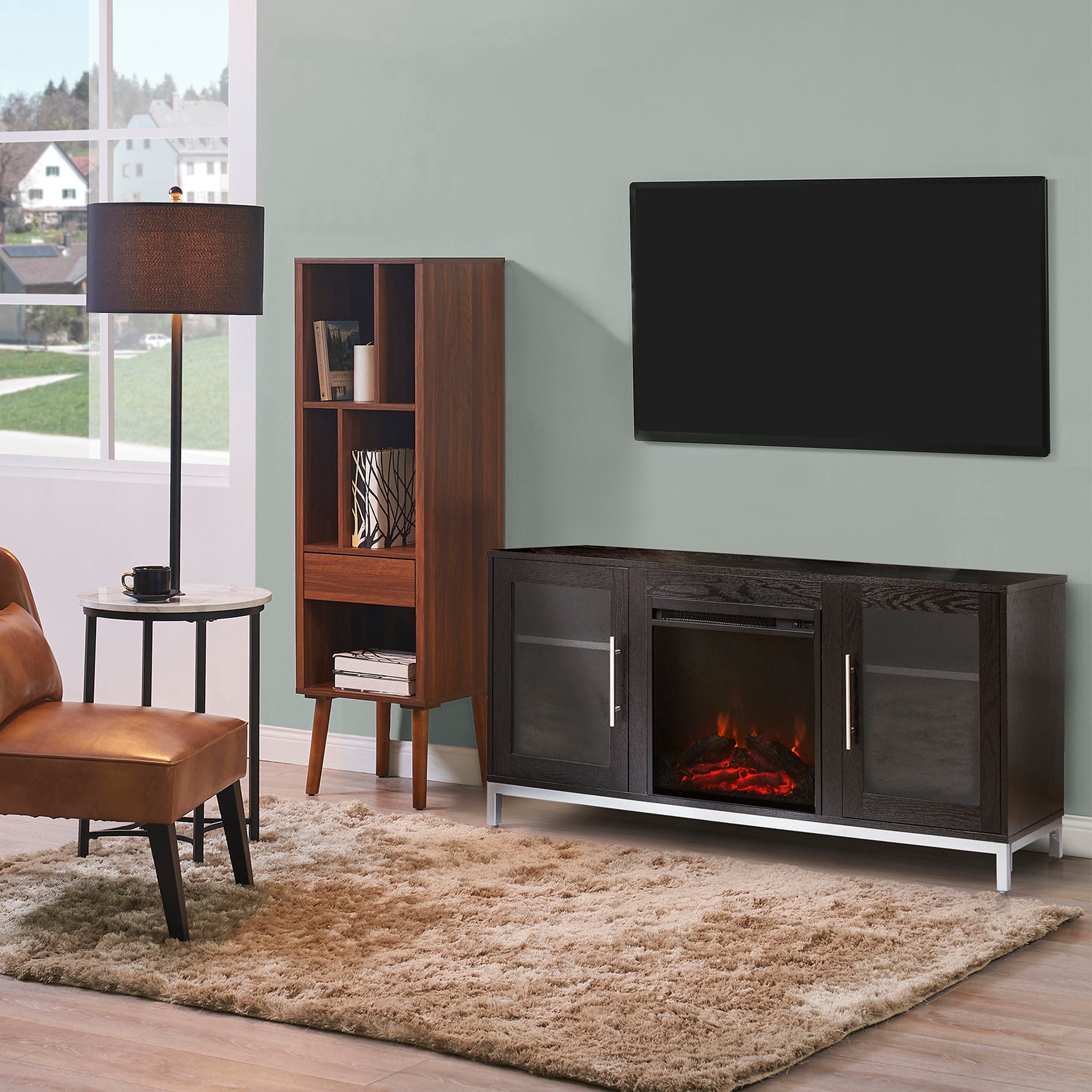 Teamson Home Lainey 54" TV Console Stand with Electric Fireplace for Flat Screen TVs up to 65", Black/Silver