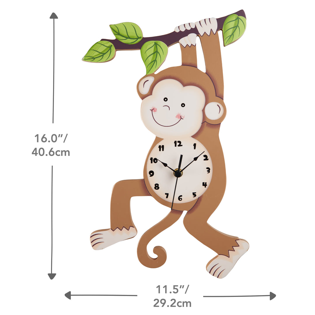 A Fantasy Fields Kids Wooden Sunny Safari Monkey Wall Clock, Brown with a monkey hanging on a branch, and the measurments.