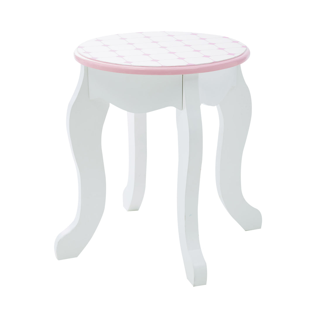 A Fantasy Fields Kids Dreamland Castle Vanity Set with Chair and Accessories, White/Pink stool with a polka dot pattern.