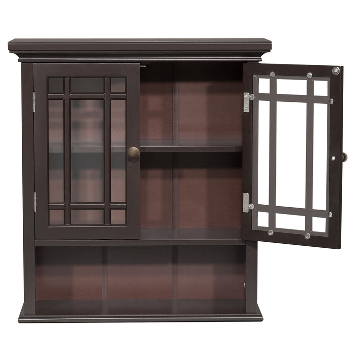 A door open revealing the internal shelf in the Teamson Home Dark Espresso Neal Removable Wall Cabinet