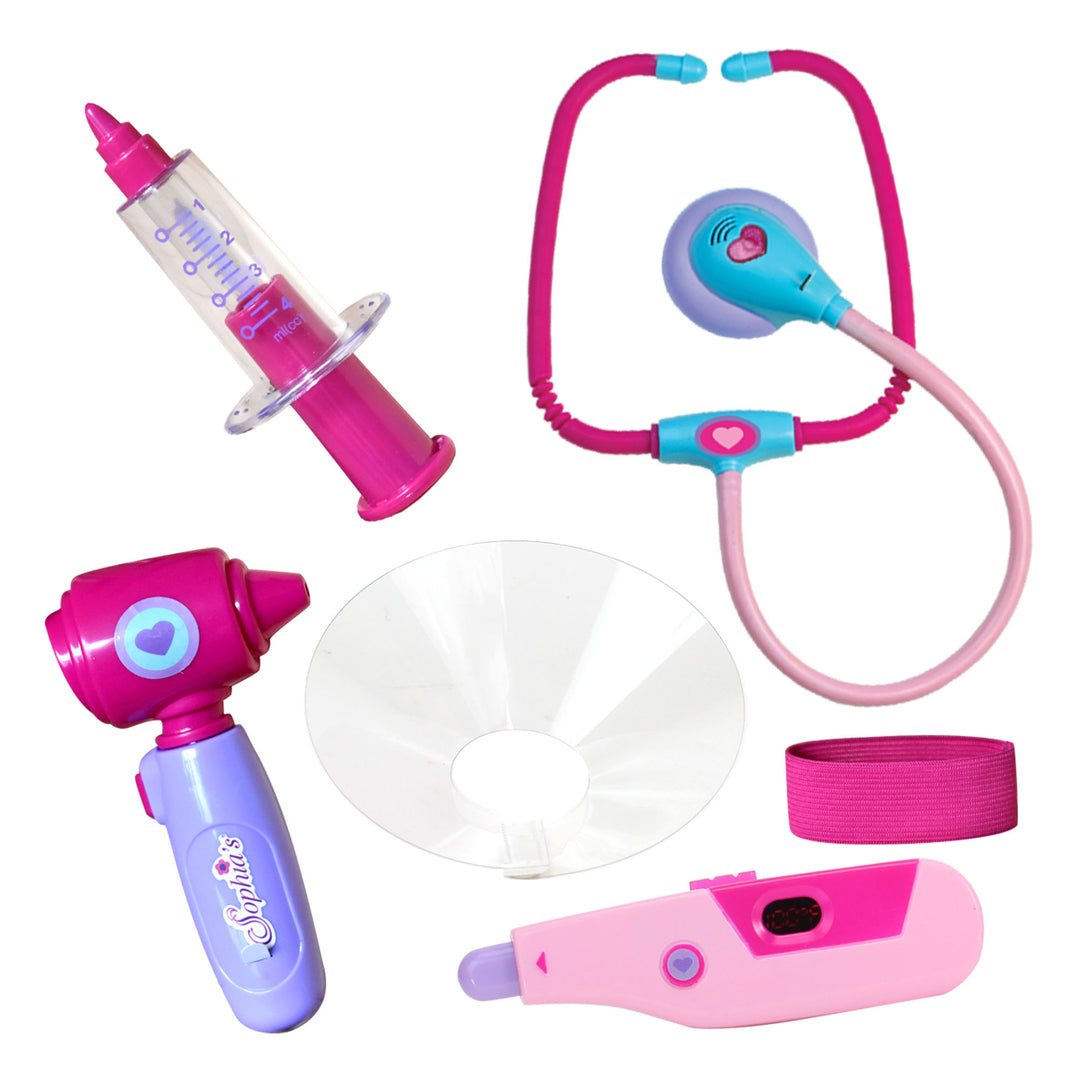 Included with the set: stethoscope, cone, otoscope, syringe, thermometer, band, clipboard, checklist and pencil.