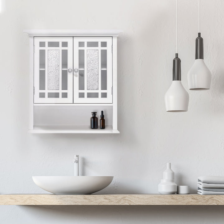 Minimalist bathroom interior with a white basin on a wooden countertop, frosted glass window, hanging pendant lights, and a Teamson Home White Windsor Removable Wall Cabinet with Glass Mosaic Doors