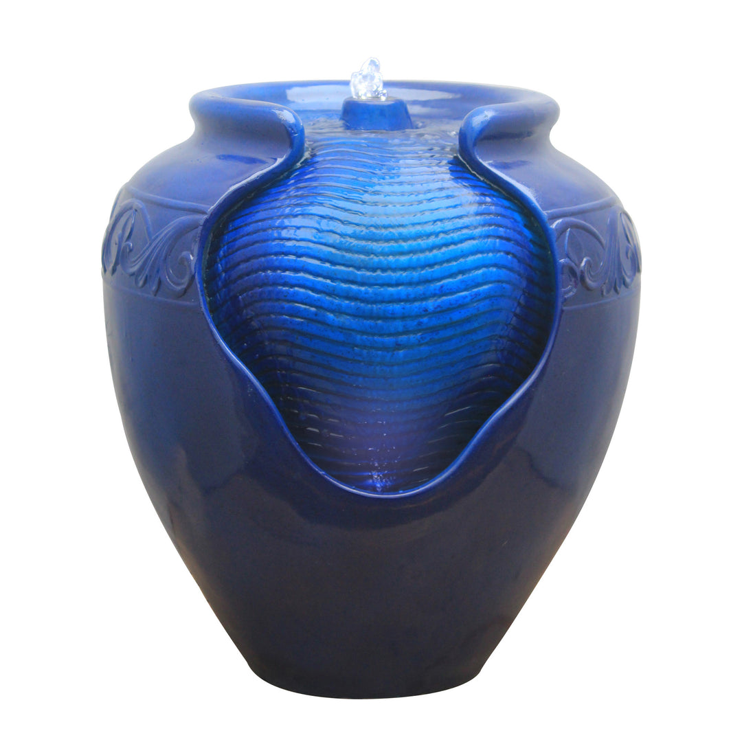 Teamson Home Outdoor Glazed Pot  Water Fountain with LED Lights, Royal Blue