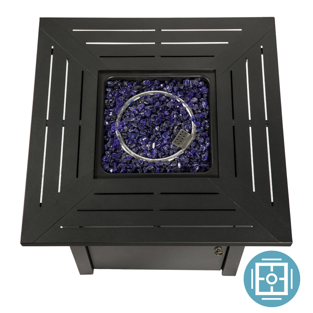 Top view of a black, Teamson Home Outdoor Square 30" propane gas fire pit with steel base table with blue glass rocks and a circular burner area visible
