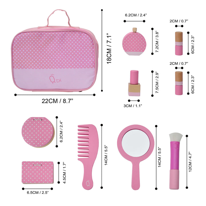 Dimensions in inches and centimeters of the make-up bag, brush, comb, hand-held mirror, eyeshadow pallet, perfume, two lipstick tubes, compact and nail polish.
