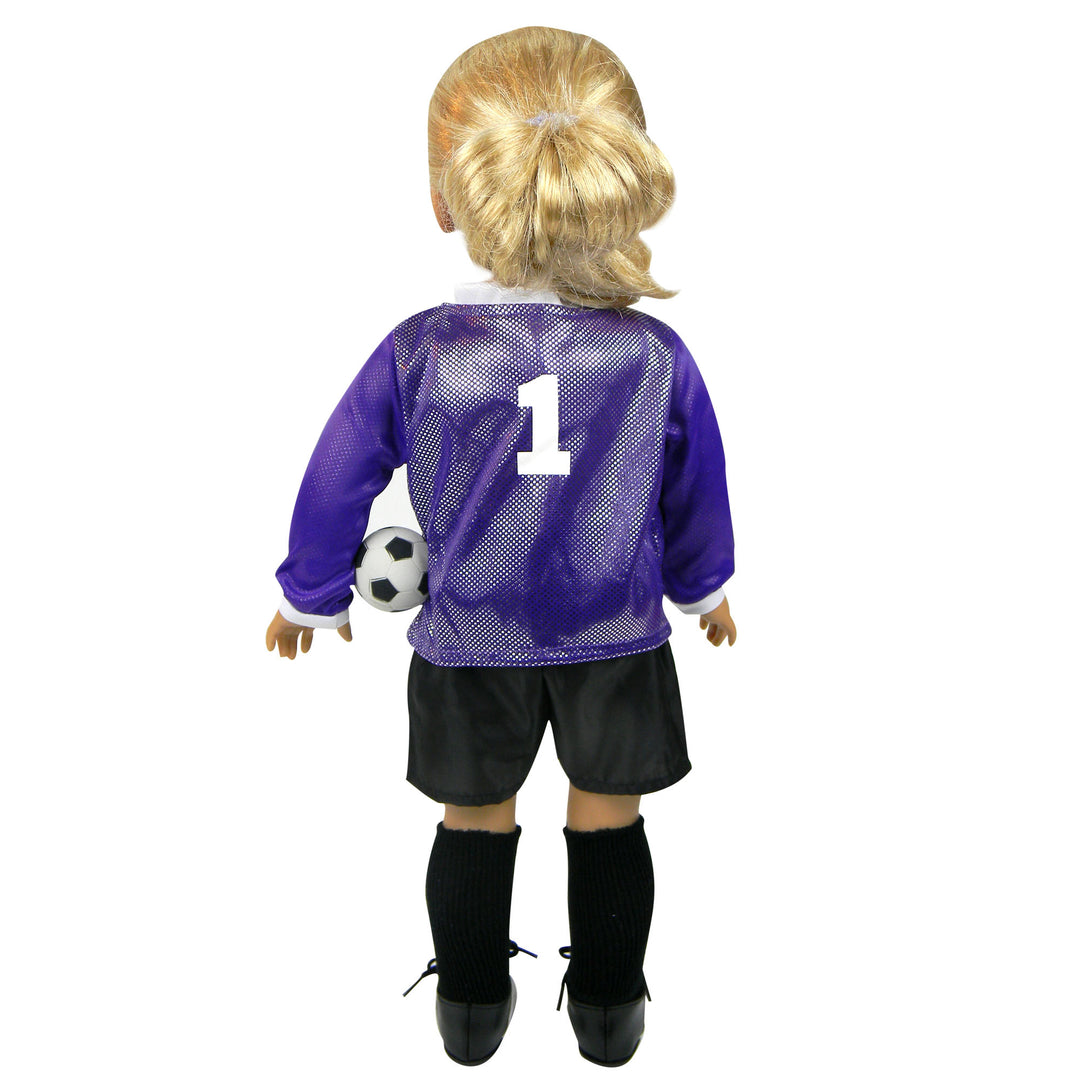 The back of a blonde 18" doll in a purple soccer jersey with a number 1 on the back, black shorts, black socks, black cleats, and a soccer ball.