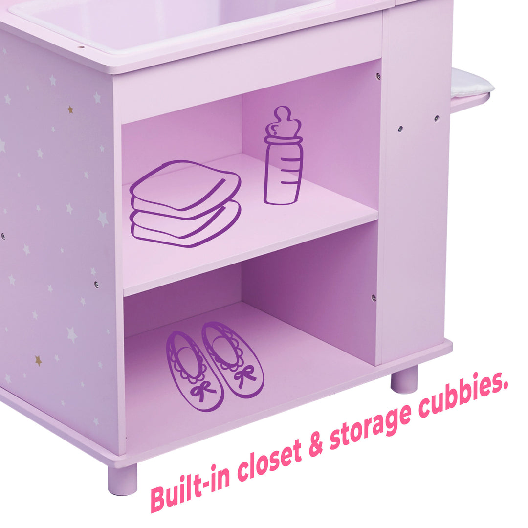 A baby doll changing station in purple with white and gold stars and a focus on the storage shelves with the caption "Built-in closet & storage cubbies."