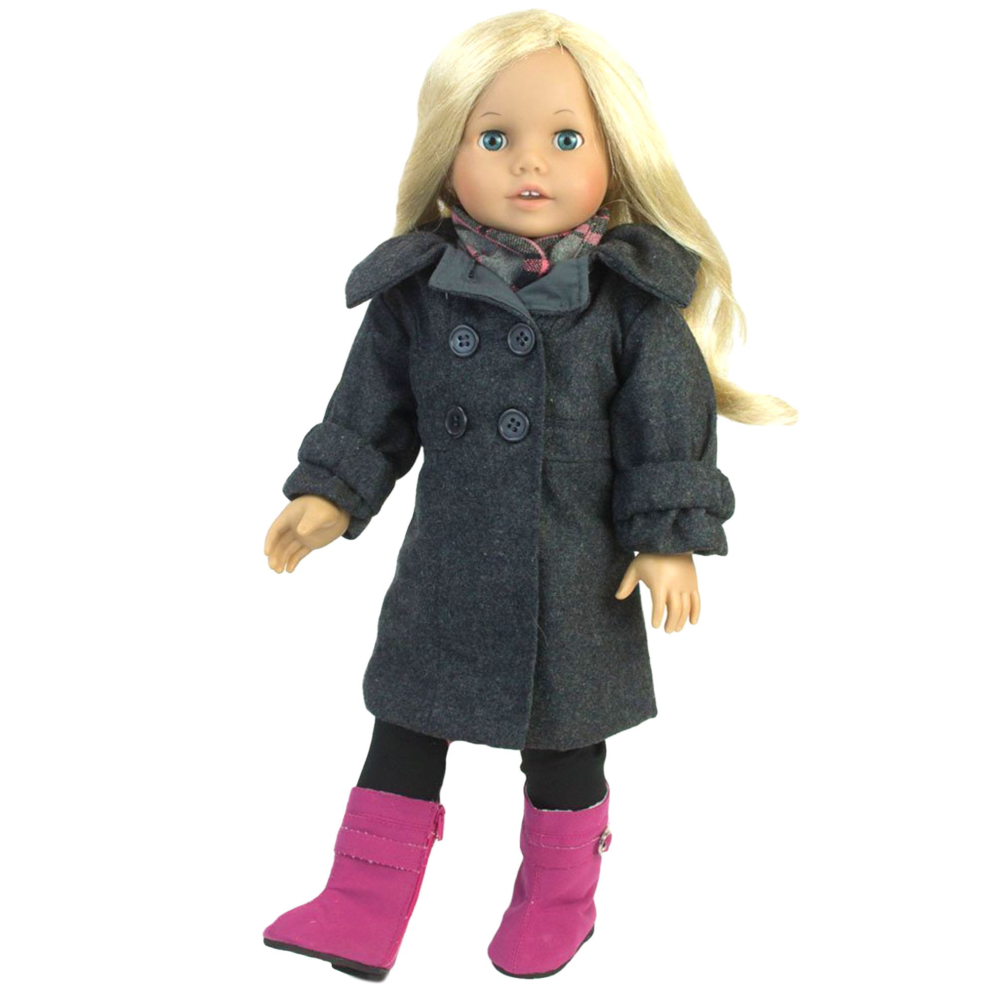Sophia's - 18" Doll - Wool Coat, Hat, Plaid Scarf & Pink Boots - Gray