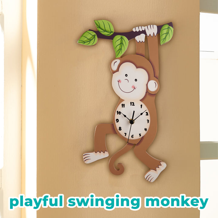 A Fantasy Fields Kids Wooden Sunny Safari Monkey Wall Clock hanging on a learning wall clock for kids.