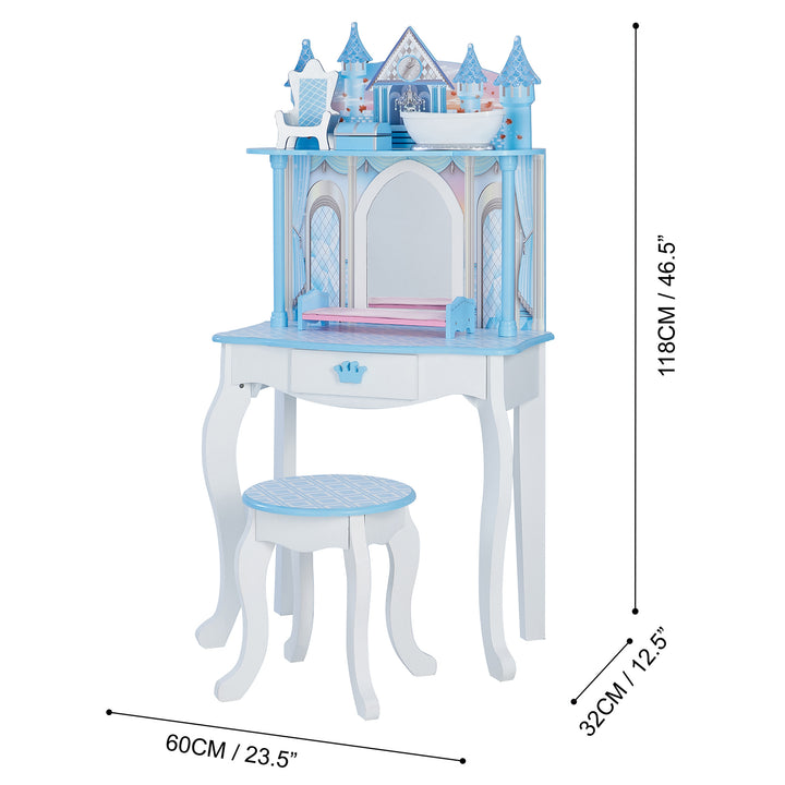 The dimensions in inches and centimeters for theFantasy Fields Kids Dreamland Castle vanity set with a mirror and stool.