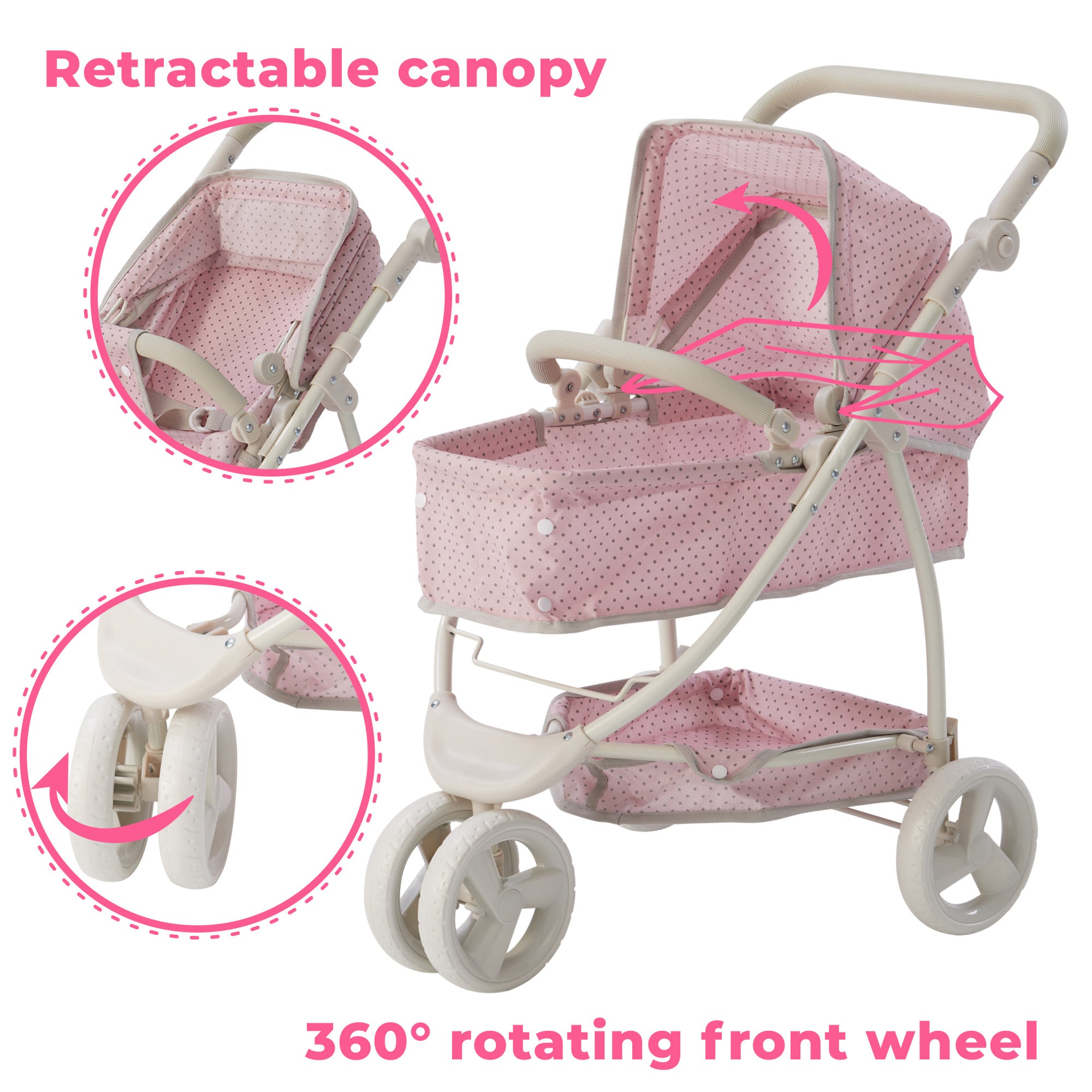 Olivia's Little World Polka Dots Princess 2-in-1 Baby Doll Stroller, Pink