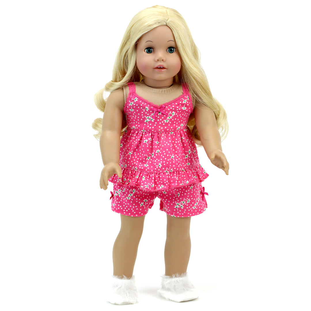 Sophia’s Floral Lace-Trimmed Two-Piece Matching Pajama Set for 18” Dolls, Hot Pink