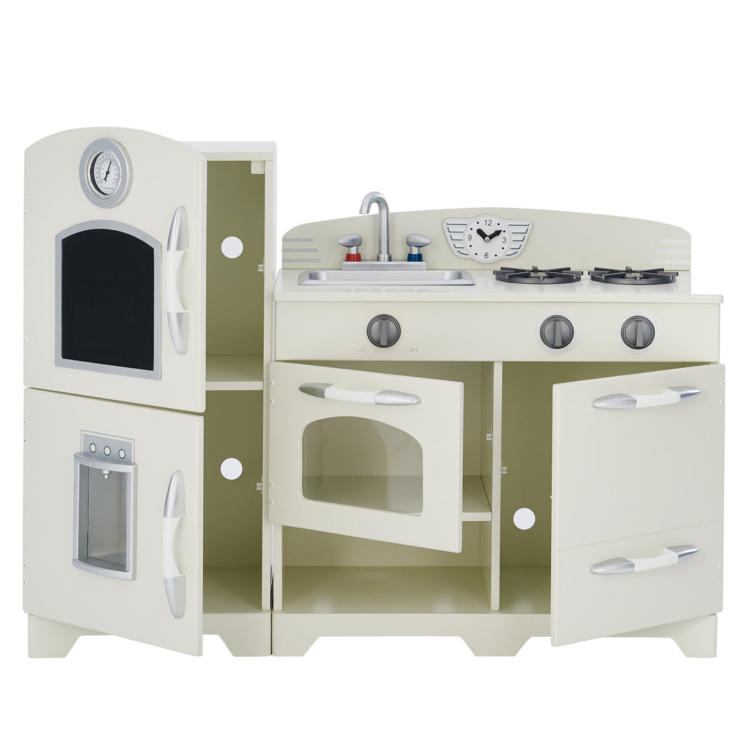 Teamson Kids Little Chef Fairfield Retro Kids Kitchen Playset with Refrigerator, Ivory with interactive features, including a stove, sink, oven, and cupboard.