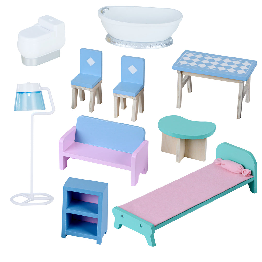 A collection of the accessories that come with the dollhouse: toilet, bathtub, floor lamp, two chairs, table, sofa, coffee table, bed, and book shelf.