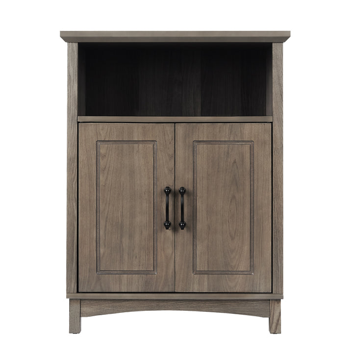 Russell Floor Cabinet with an open shelf and cabinet below with double doors and black metal pull handles, Salt Oak