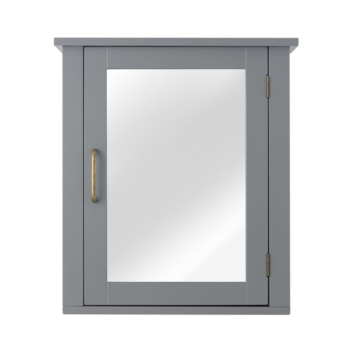 Gray Mercer Removable Mirrored Medicine Cabinet with a brass pull handle
