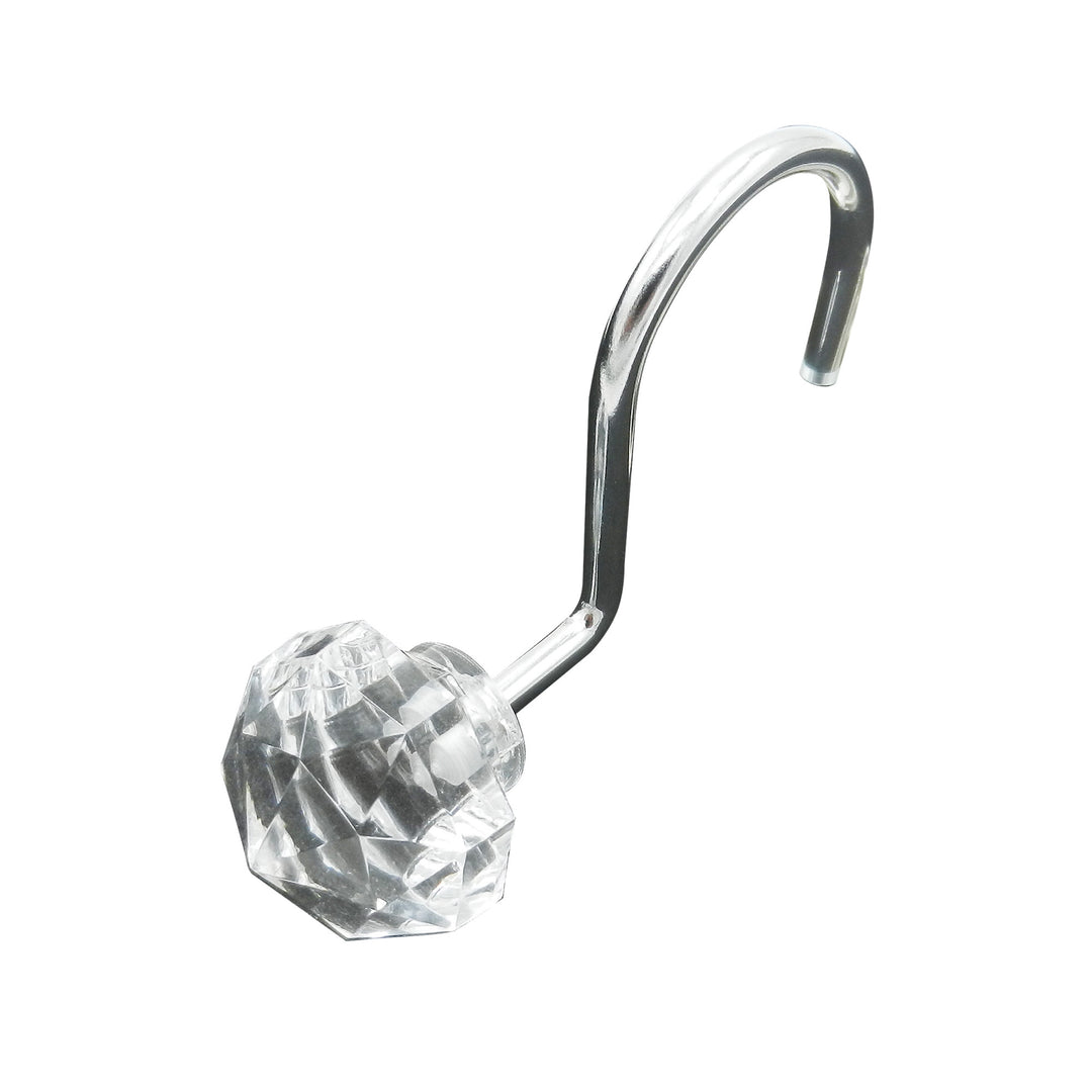 A nickel shower hook with a crystal decorative knob