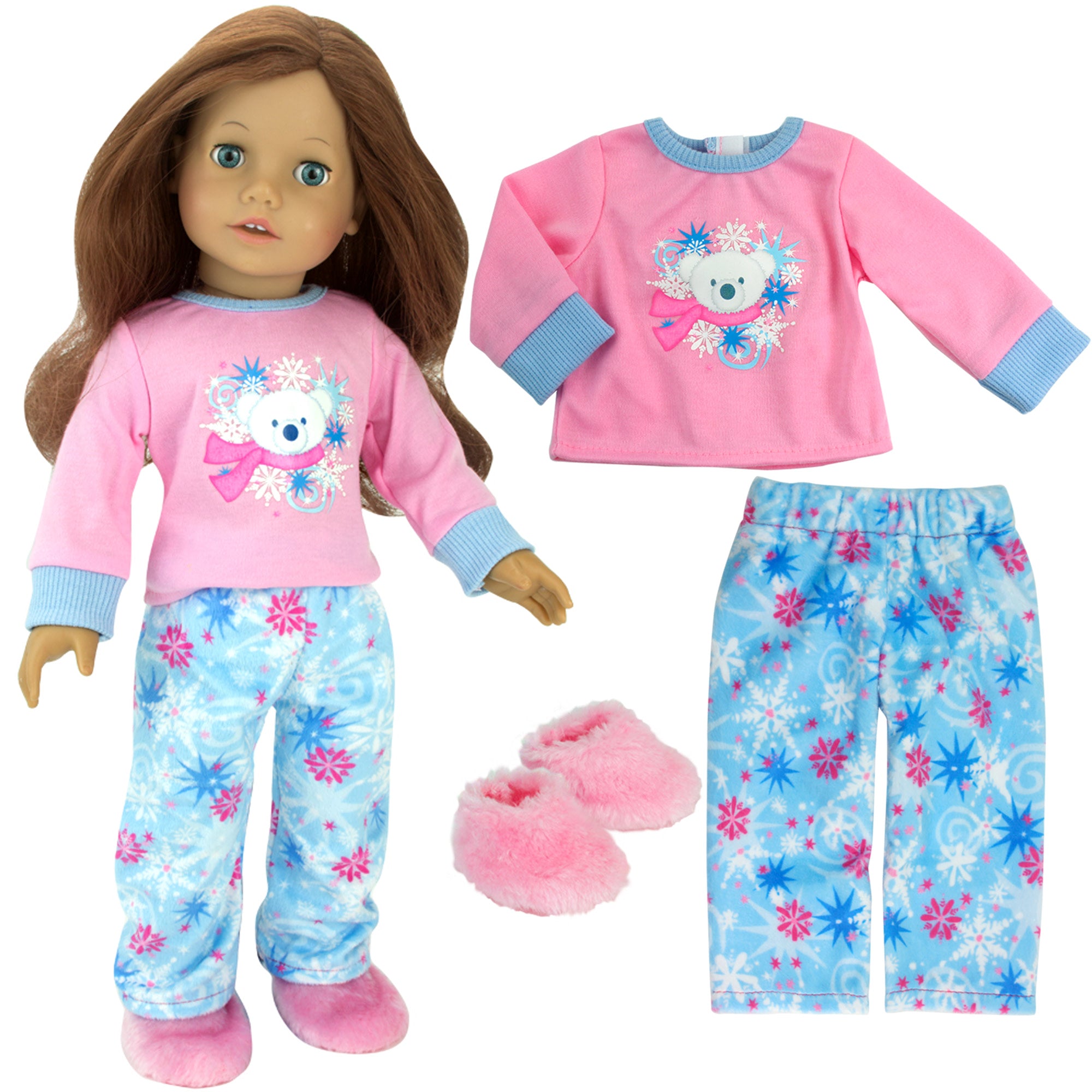 Sophia's 3 Piece Winter Pajamas with Polar Bear Shirt, Fleece Pants and Slippers for 18" Dolls, Pink/Blue