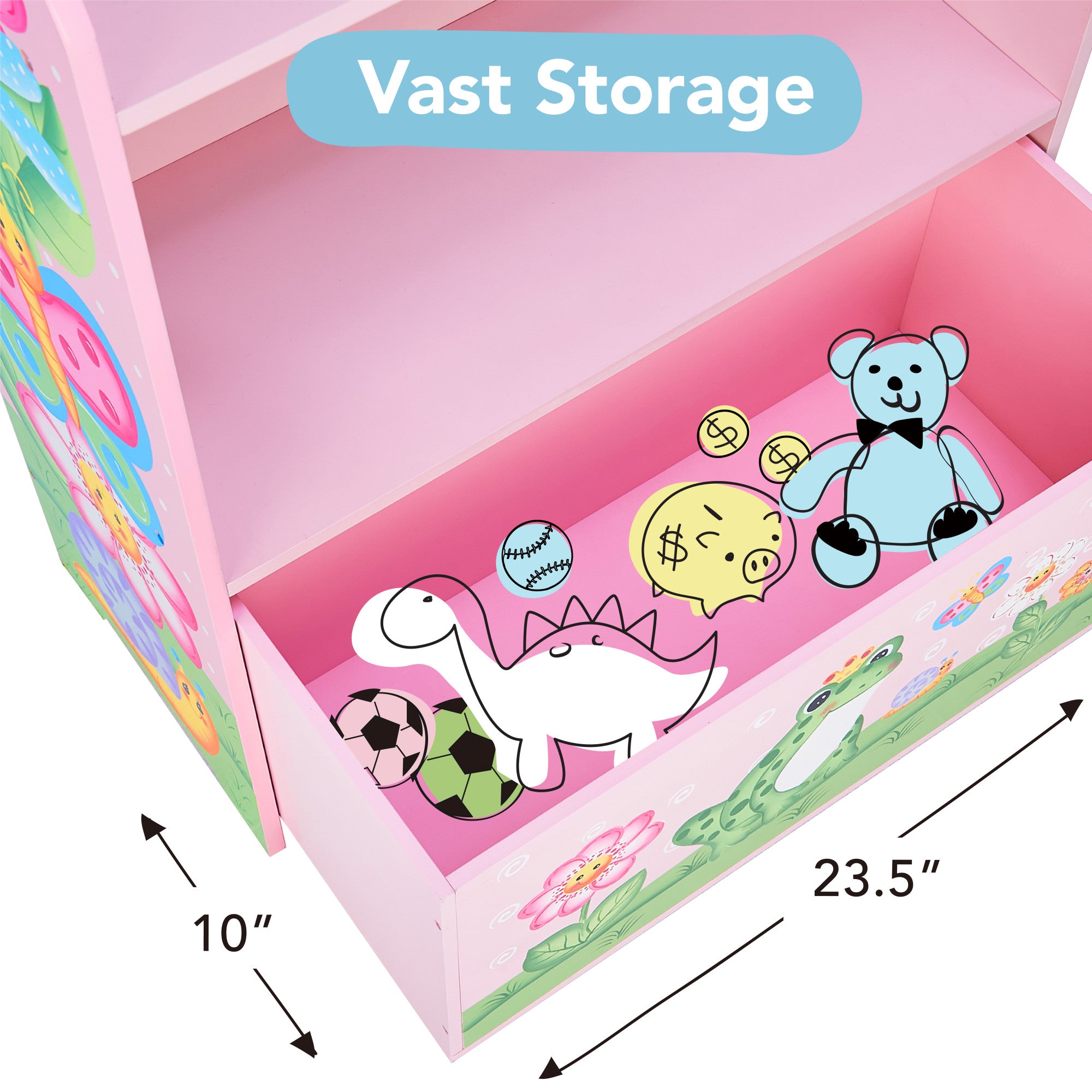 Fantasy Fields Magic Garden Kids Wooden Toy Organizer with Rolling Storage Box, Pink