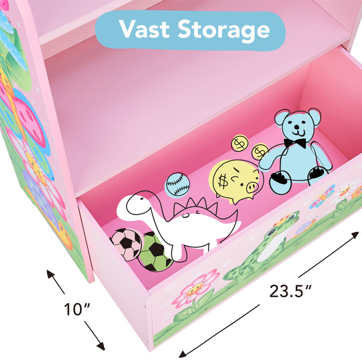 A Fantasy Fields Magic Garden Kids Wooden Toy Organizer with Rolling Storage Box, Pink with the drawer's dimensions in inches and centimeters with illustrations inside and a caption "vast storage".