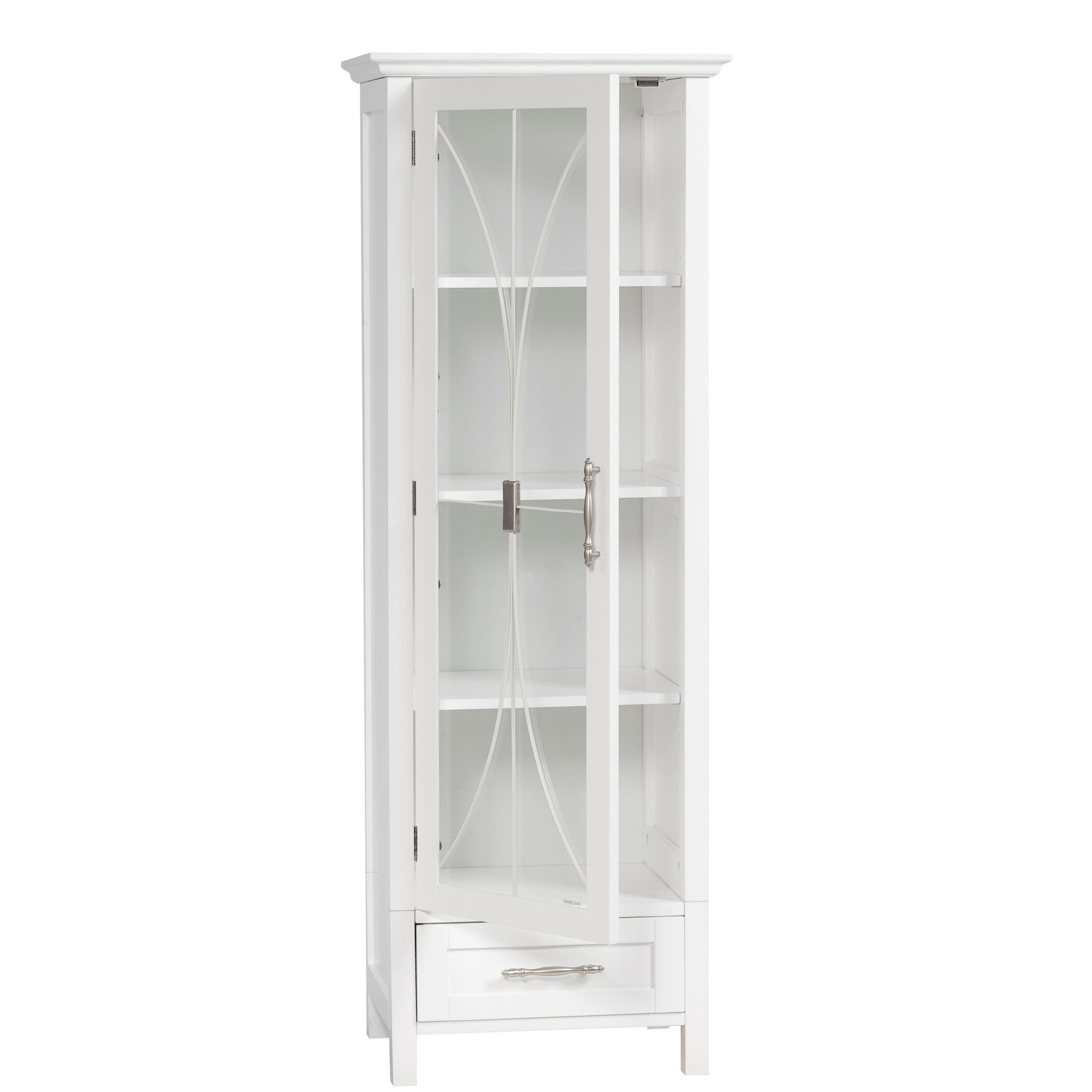 Teamson Home Delaney Free Standing Tall Slim Linen Storage Cabinet Tower with Glass Panel Door
