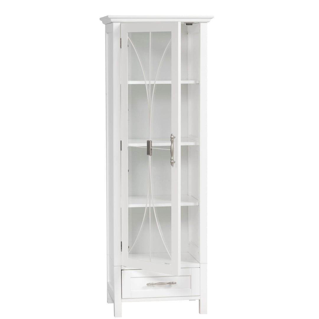 White Teamson Home Delaney Free Standing Tall Linen Cabinet Tower with Glass Panel Door with a Storage Drawer with the door opened