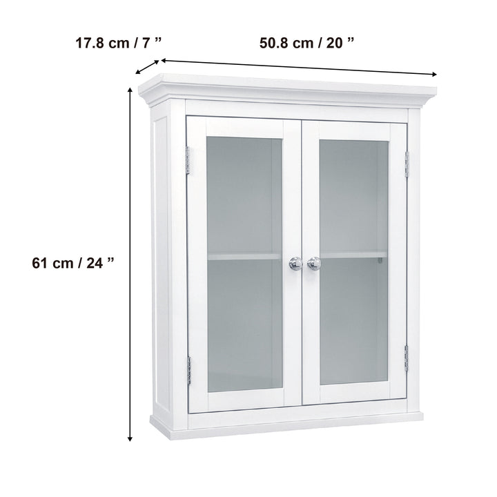 Dimensions in centimeters and inches of a Teamson Home White Madison Removable Wall Cabinet with 2 Doors