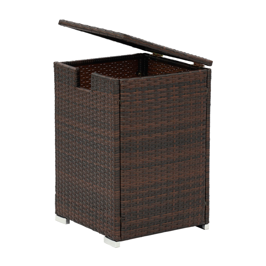 Teamson Home Gas Tank PE rattan Cover Table for 20 lb Propane Tanks, Brown with the lid slightly open